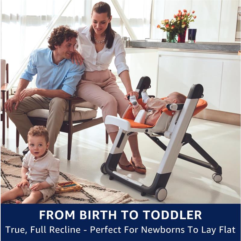 Peg Siesta High Chair in beige, featuring a full recline for newborns, with a family enjoying time together in a bright room.