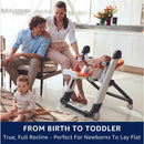 Peg Siesta High Chair in beige, featuring a full recline for newborns, with a family enjoying time together in a bright room.