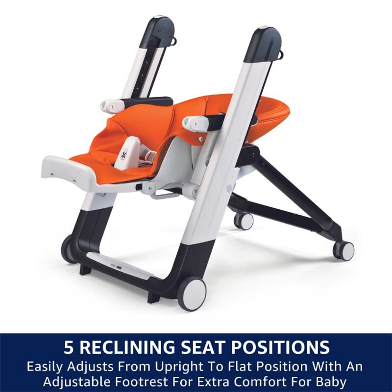 Peg Siesta High Chair in Astral (Beige) with orange seat, features five reclining positions and an adjustable footrest for comfort.