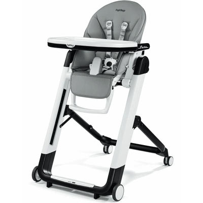 High chair in Ice-Light Grey by Peg Perego featuring a padded seat, adjustable height, safety straps, and a removable tray.