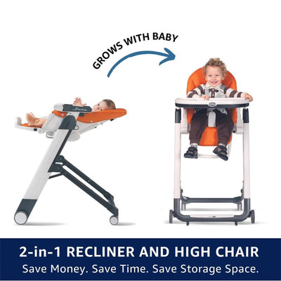 Two-in-one Peg Siesta High Chair and recliner in Ice (Grey), featuring a reclining baby on the left and a smiling toddler in the high chair on the right.