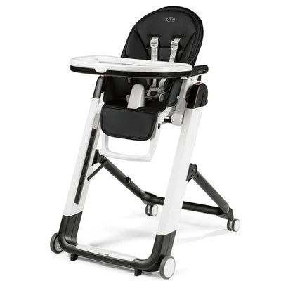 Peg Siesta High Chair in Licorice (Black), featuring a padded seat, safety harness, and a removable tray on a modern frame.