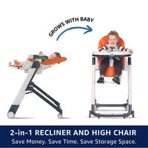 Peg Siesta High Chair in Licorice features a 2-in-1 design with a reclining infant seat and a high chair for toddlers.