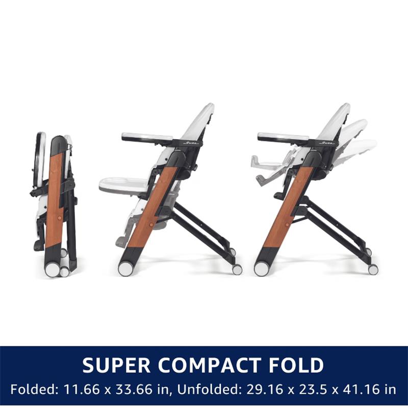 Peg Siesta High Chair in Licorice color, shown in folded and unfolded positions, highlighting its compact design and dimensions.