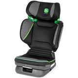 Booster car seat featuring black fabric with gray accents and a green John Deere logo. Designed for child safety.