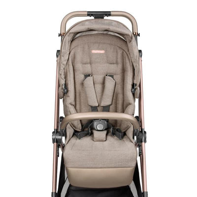 Vivace Single Stroller by Peg-Perego in Mon Amour design, featuring a beige and pink fabric seat with safety harness.