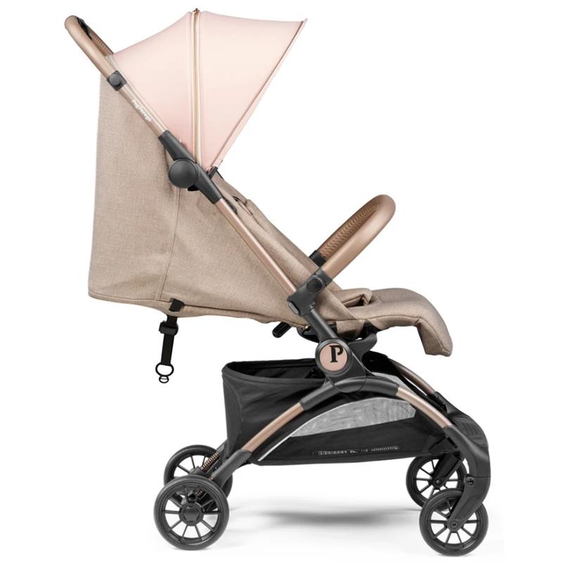 Compact Peg Volo stroller in Mon Amour (Rose Gold) with a beige seat and a pink canopy, showcasing a sleek design and storage basket.