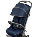 Compact blue stroller with a padded seat and adjustable canopy, designed for easy transport and comfort.