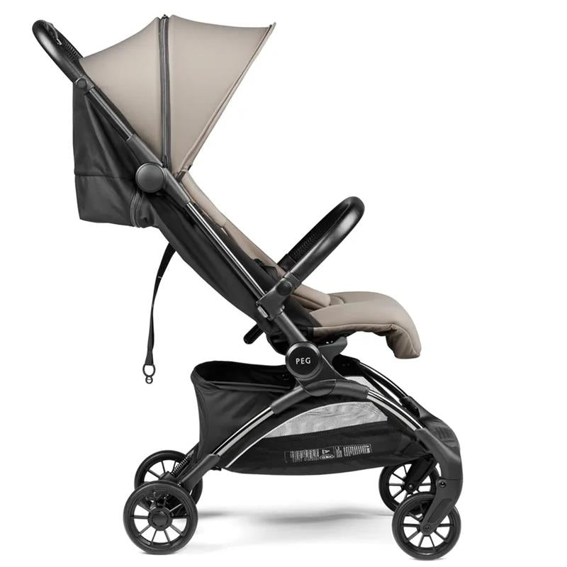 Peg Volo Compact Stroller in Misty Beige, featuring a lightweight design, adjustable canopy, and a spacious storage basket.