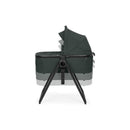 Sage green Peg Perego Ypsi Bassinet w/Stand by Me, featuring a sturdy metal frame and adjustable canopy.
