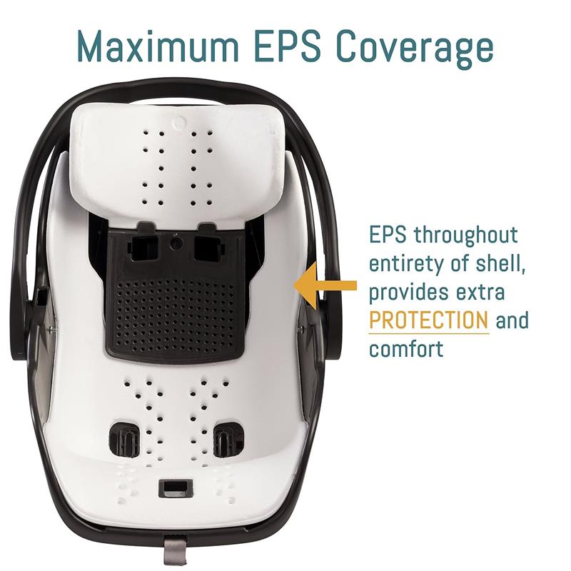 Travel system car seat with maximum EPS coverage for added protection and comfort, featuring a white and black design.