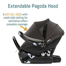 Extendable Pagoda Hood provides UPF 50+ protection with mesh side netting for ventilation and complete coverage.
