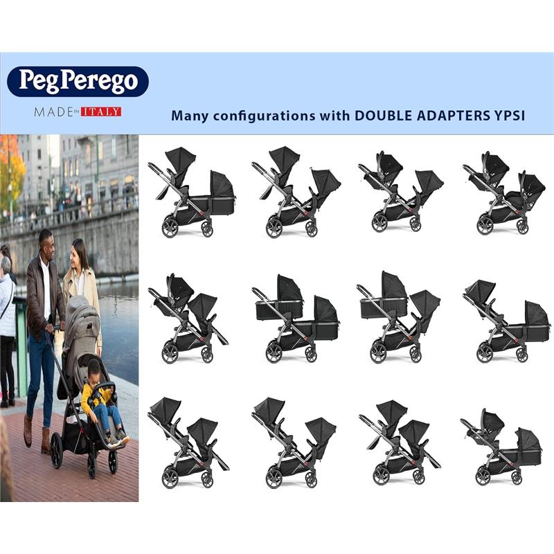 Peg Perego Ypsi Travel System featuring various configurations with double adapters, displayed alongside a couple and child.