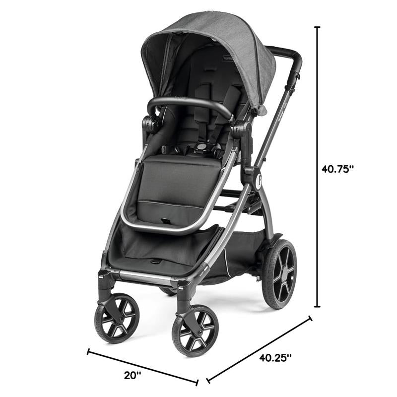 Peg Perego Ypsi Travel System in metal with gray fabric, featuring an adjustable canopy, safety harness, and multiple dimensions indicated.