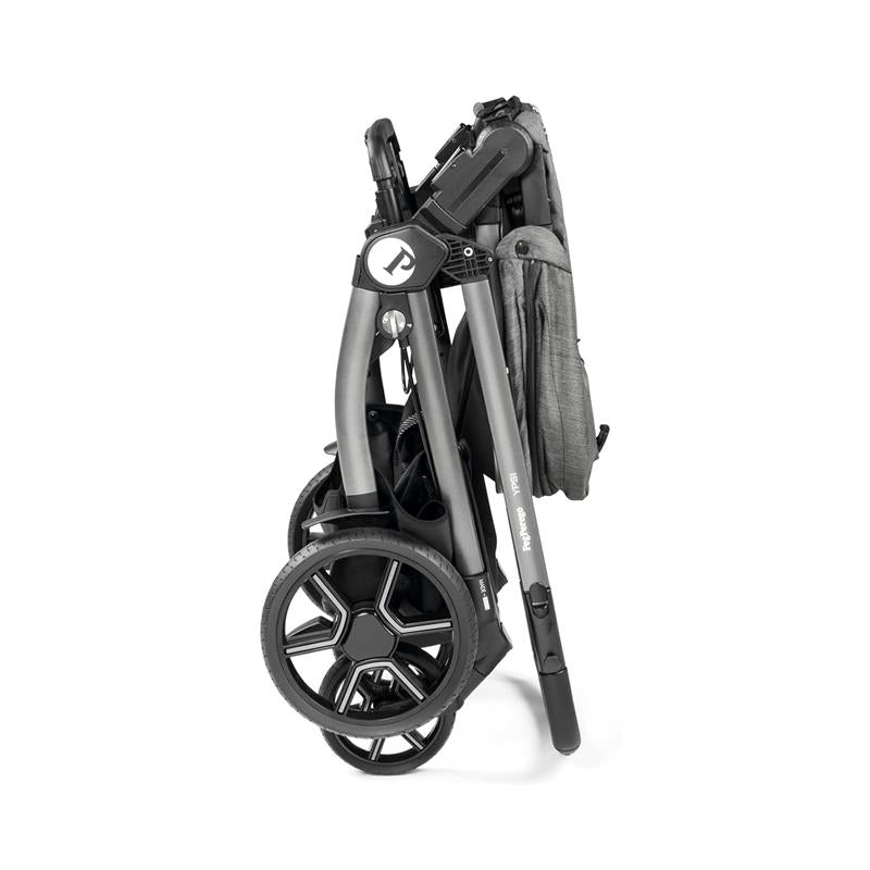 Peg Perego Ypsi Travel System in a folded position, showcasing its compact design and sturdy wheels.