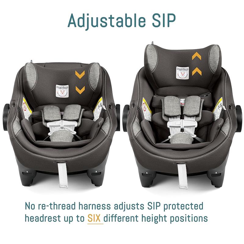 Adjustable Peg Perego Ypsi travel system car seat in Vanilla Blend, featuring a no re-thread harness and adjustable SIP headrest.