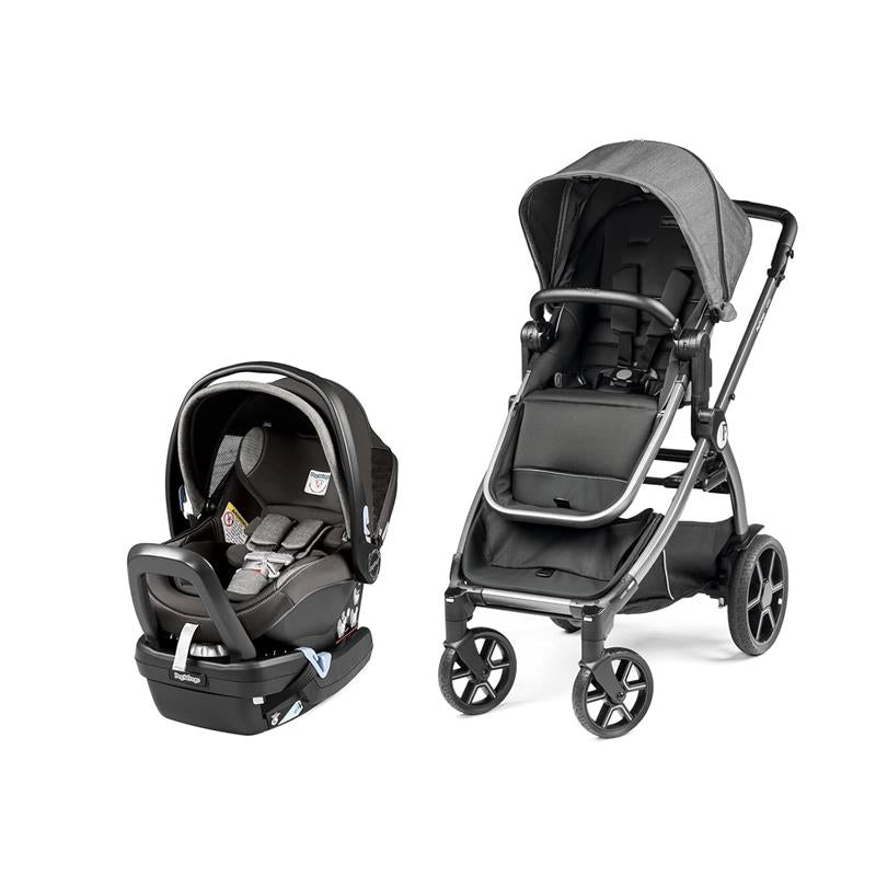 Ypsi Travel System in Vanilla Blend featuring a stroller and infant car seat, both in black and gray tones.
