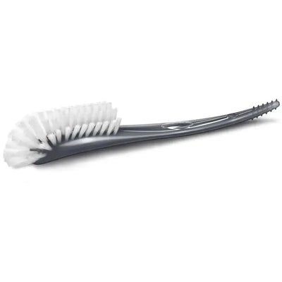 Avent baby bottle and nipple brush in grey, featuring soft white bristles and a long handle for effective cleaning.