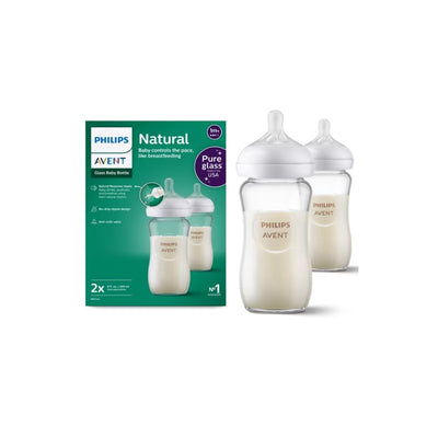Philips Avent Natural Glass Baby Bottles with Natural Response Nipples, 8oz, 2-Pack, featuring anti-colic design.