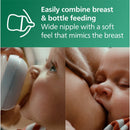 Philips Avent Natural Glass Baby Bottles featuring a wide, soft nipple for easy breast and bottle feeding, with a close-up of a baby drinking.