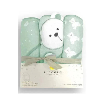 Hooded towel set by Piccolo Bambino in green, featuring a bear design and white patterns, packaged with a ribbon.