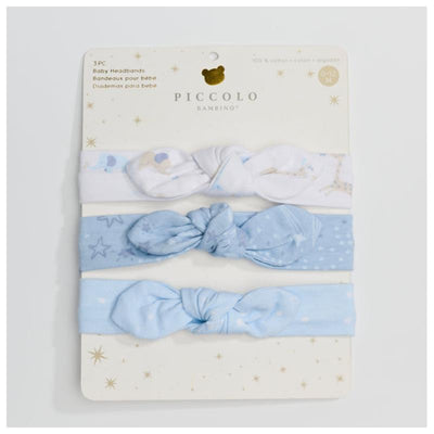 Three blue jersey headbands for babies from Piccolo Bambino, featuring a mix of plain and patterned designs on a display card.