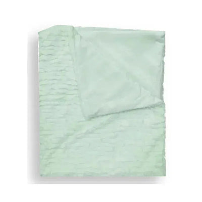 Textured faux fur stroller blanket in green with a soft finish, displayed on a wooden hanger.