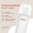 Silicone-coated Pigeon wide neck baby bottle, 8 oz, showcasing brand details and nursing bottle statistics.