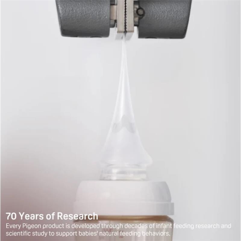 Pigeon silicone nipple for infants, with a clear tip extending from a bottle, showcasing its design and research background.