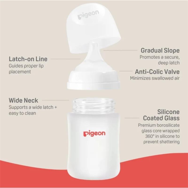 Pigeon silicone nipple for 9+ months, features anti-colic valve, wide neck for easy cleaning, and gradual slope for deep latch.