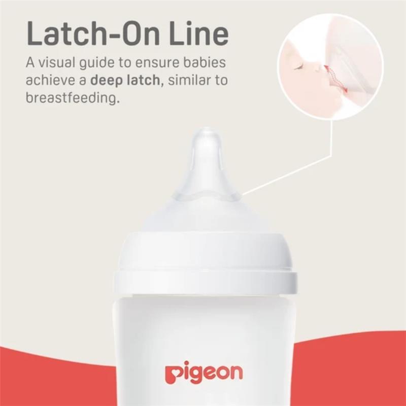 Pigeon silicone nipple with Latch-On Line, designed for babies 9+ months to support breastfeeding-like latching.