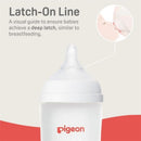 Pigeon silicone nipple with Latch-On Line, designed for babies 9+ months to support breastfeeding-like latching.