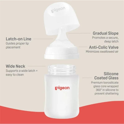 Silicone nipple for Pigeon bottles, with features like gradual slope, anti-colic valve, and wide neck for easy cleaning.