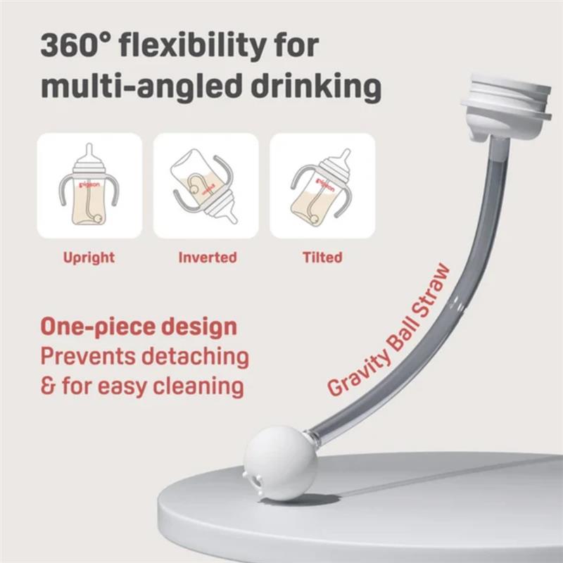 Natural weaning silicone sipper kit showing 360° flexibility for multi-angled drinking with gravity ball straw and one-piece design.
