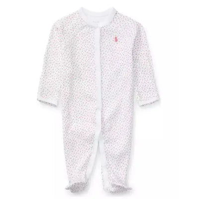Floral cotton coverall for babies in white with pink floral patterns and a small logo on the chest.