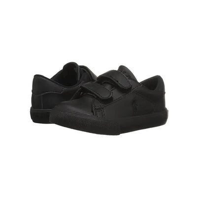 Triple black tumbled sneakers for kids by Polo Ralph Lauren featuring Velcro straps and a textured rubber sole.