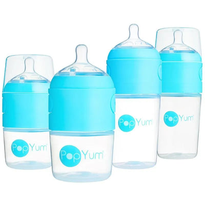 Baby bottle starter set featuring four blue Pop Yum bottles with clear bases and nipple lids for easy feeding.