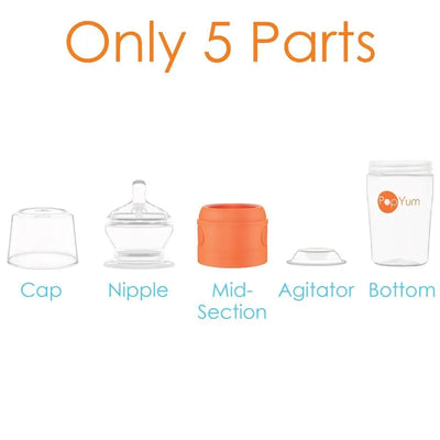Pop Yum Baby Bottle Starter Set 4 Pack in orange, showing five distinct parts: cap, nipple, mid-section, agitator, and bottom.