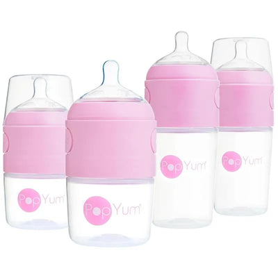 Four Pop Yum baby bottles in pink, featuring removable caps and clear bases, designed for easy feeding.