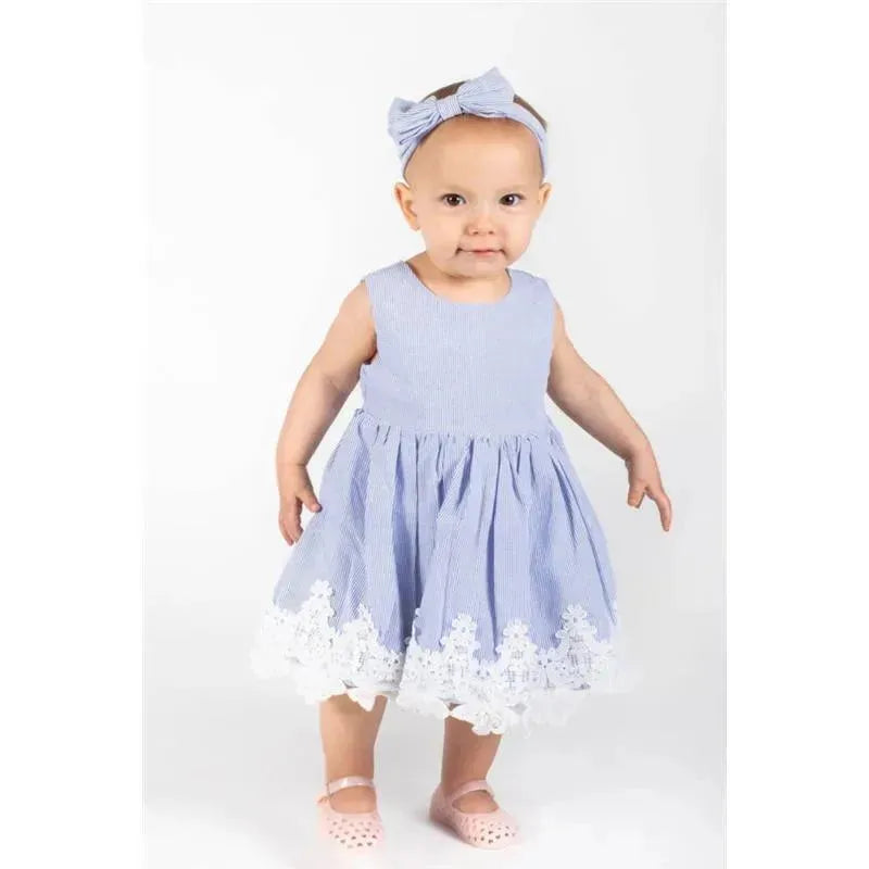Popatu - Baby Girls Blue Stripes Lace Trim Dress Image 2