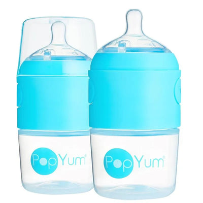 Two 5 oz Popyum anti-colic baby bottles in sky blue, featuring a clear body and silicone grip.