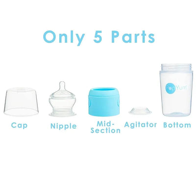 Popyum 5 oz baby bottle components displayed: cap, nipple, mid-section, agitator, and bottom, labeled in sky blue.
