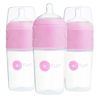 Three pastel purple 9 oz baby bottles by Popyum, designed to prevent colic, featuring clear bodies and pink accents.