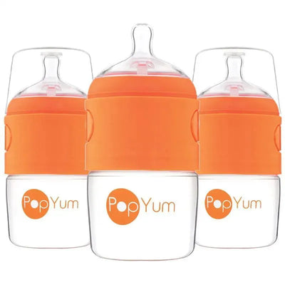 Three Popyum anti-colic baby bottles, 5 oz each, featuring orange silicone sleeves and clear bases.