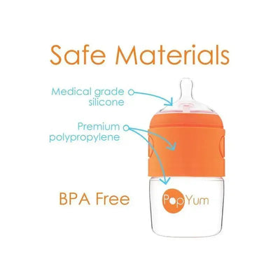 Popyum anti-colic baby bottle, 5 oz, featuring BPA-free materials: medical grade silicone and premium polypropylene.