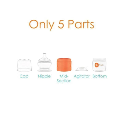 Five parts of the Popyum Anti-Colic baby bottle are displayed: Cap, Nipple, Mid-Section (orange), Agitator, and Bottom.