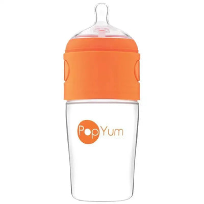 9 oz Popyum baby bottle with an orange lid and anti-colic design for easier feeding.