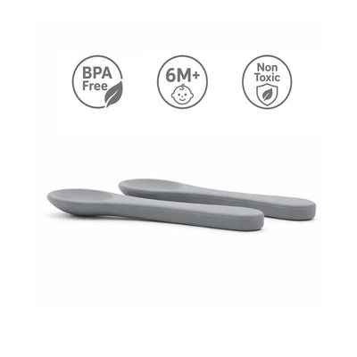 Silicone spoons in dusty blue color, labeled as BPA free, non-toxic, and suitable for ages 6 months and up.