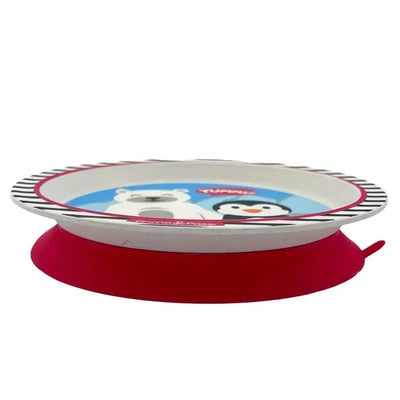 Bamboo fiber kids plate featuring a polar bear and penguin design, with a red suction base for stability.
