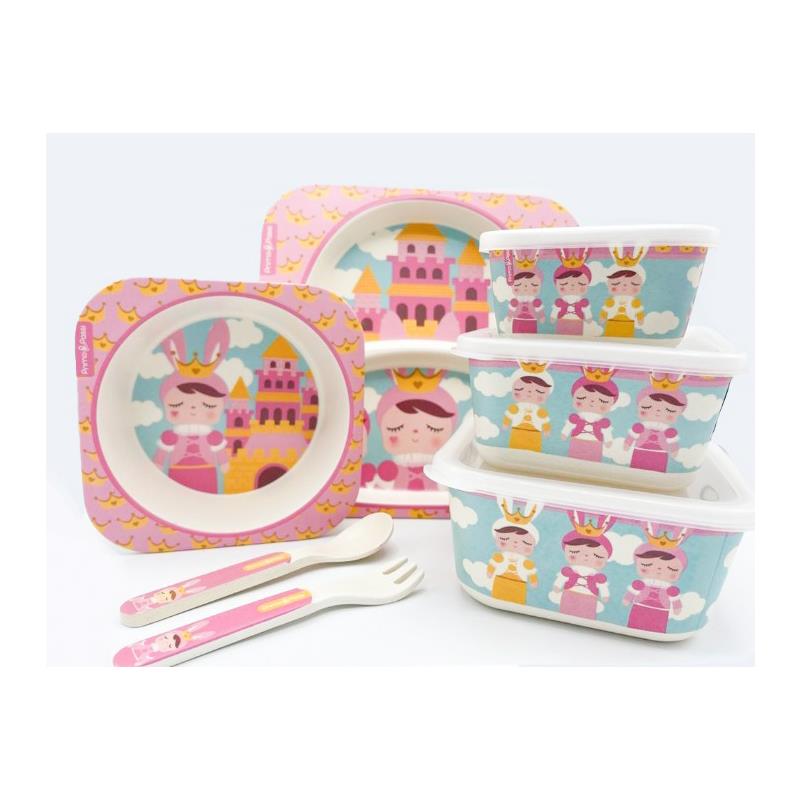 Primo Passi - Bamboo Fiber Kids Super Combo - Divided Square Plate, Square Bowl, Fork&Spoon, And 3 Food Container With Lids - Metoo Image 1
